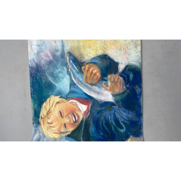 Original Pastel Art Of A Child Holding A Fish laughter blue 12x17.5" READ - Picture 3 of 5